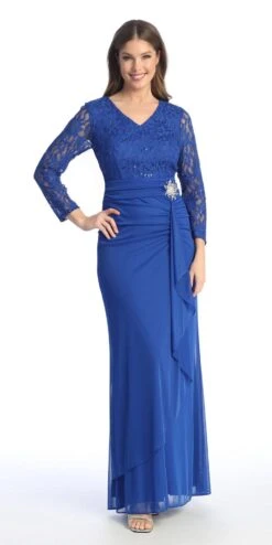 Celavie 6549-L Lace Long Sleeve V-Neck Ruffled Dress With Brooch(Celavie 6549 Lace Long Sleeve V Neck Ruffled Dress With Brooch) -Discount Dress Shops 6549 LRoyal