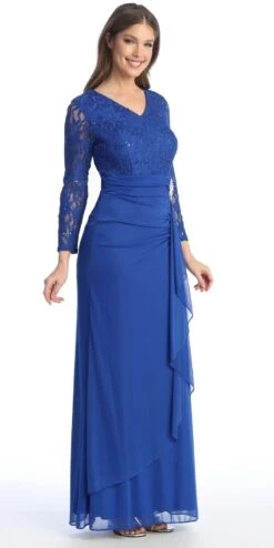 Celavie 6549-L Lace Long Sleeve V-Neck Ruffled Dress With Brooch(Celavie 6549 Lace Long Sleeve V Neck Ruffled Dress With Brooch) -Discount Dress Shops 6549 LRoyal1