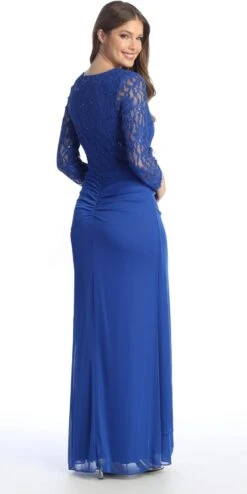 Celavie 6549-L Lace Long Sleeve V-Neck Ruffled Dress With Brooch(Celavie 6549 Lace Long Sleeve V Neck Ruffled Dress With Brooch) -Discount Dress Shops 6549 LRoyal3