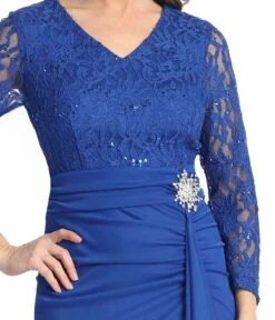 Celavie 6549-L Lace Long Sleeve V-Neck Ruffled Dress With Brooch(Celavie 6549 Lace Long Sleeve V Neck Ruffled Dress With Brooch) -Discount Dress Shops 6549 LRoyalD