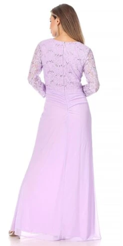 Celavie 6549-L Lace Long Sleeve V-Neck Ruffled Dress With Brooch(Celavie 6549 Lace Long Sleeve V Neck Ruffled Dress With Brooch) -Discount Dress Shops 6549 LILAC D 0