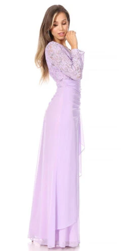 Celavie 6549-L Lace Long Sleeve V-Neck Ruffled Dress With Brooch(Celavie 6549 Lace Long Sleeve V Neck Ruffled Dress With Brooch) -Discount Dress Shops 6549 LILAC D 2