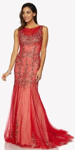 Juliet 656 Sleeveless Appliqued Mermaid Gown Godets And Train(Red Sleeveless Appliqued Mermaid Evening Gown With Godets And Train)
