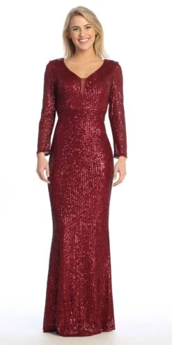 Celavie 6571-L Long Sequin Formal Gown Long Sleeves V-Neckline(Celavie 6571 Long Sequin Formal Gown Long Sleeves V Neckline) -Discount Dress Shops 6571 LBurg