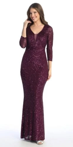 Celavie 6571-L Long Sequin Formal Gown Long Sleeves V-Neckline(Celavie 6571 Long Sequin Formal Gown Long Sleeves V Neckline)