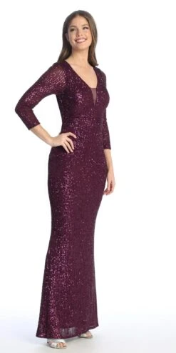 Celavie 6571-L Long Sequin Formal Gown Long Sleeves V-Neckline(Celavie 6571 Long Sequin Formal Gown Long Sleeves V Neckline) -Discount Dress Shops 6571 LPlum1