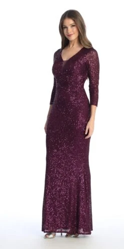 Celavie 6571-L Long Sequin Formal Gown Long Sleeves V-Neckline(Celavie 6571 Long Sequin Formal Gown Long Sleeves V Neckline) -Discount Dress Shops 6571 LPlum2