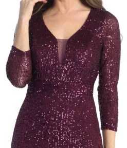 Celavie 6571-L Long Sequin Formal Gown Long Sleeves V-Neckline(Celavie 6571 Long Sequin Formal Gown Long Sleeves V Neckline) -Discount Dress Shops 6571 LPlumD