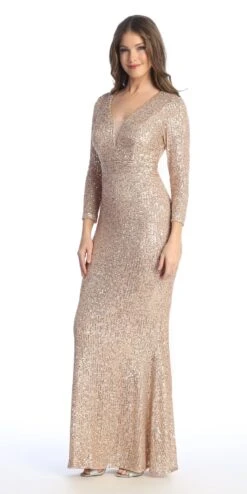 Celavie 6571-L Long Sequin Formal Gown Long Sleeves V-Neckline(Celavie 6571 Long Sequin Formal Gown Long Sleeves V Neckline) -Discount Dress Shops 6571 LTaupeGold2