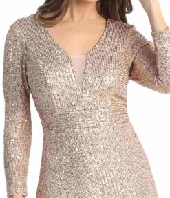 Celavie 6571-L Long Sequin Formal Gown Long Sleeves V-Neckline(Celavie 6571 Long Sequin Formal Gown Long Sleeves V Neckline) -Discount Dress Shops 6571 LTaupeGoldD