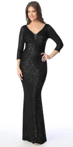 Celavie 6571-L Long Sequin Formal Gown Long Sleeves V-Neckline(Celavie 6571 Long Sequin Formal Gown Long Sleeves V Neckline) -Discount Dress Shops 6571 L black