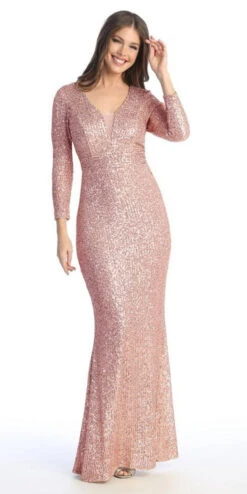 Celavie 6571-L Long Sequin Formal Gown Long Sleeves V-Neckline(Celavie 6571 Long Sequin Formal Gown Long Sleeves V Neckline) -Discount Dress Shops 6571 L celavie mauve