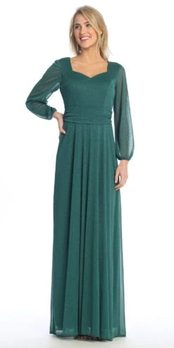 Celavie 6580-L Full-Length Long Sheer Sleeve Semi-Formal Gown(Celavie 6580 L Full Length Long Sheer Sleeve Semi Formal Gown) -Discount Dress Shops 6580 LHGreen