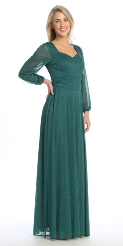 Celavie 6580-L Full-Length Long Sheer Sleeve Semi-Formal Gown(Celavie 6580 L Full Length Long Sheer Sleeve Semi Formal Gown) -Discount Dress Shops 6580 LHGreenRight