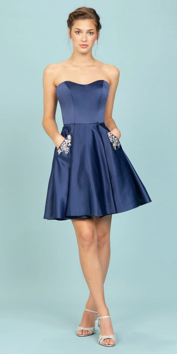 Eureka 6622 Strapless Short A-Line Dress With Pockets(Navy Blue Strapless Homecoming Short Dress With Pockets) 4 Eureka 6622 Strapless Short A-Line Dress With Pockets(Navy Blue Strapless Homecoming Short Dress With Pockets) - Image 4