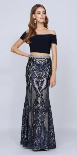 Juliet 663 Off-Shoulder Crop Top Two-Piece Long Dress(Off Shoulder Crop Top Two Piece Long Prom Dress Navy Blue)