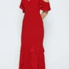 Juliet 664 Mermaid Long Prom Dress Ruffled Cold-Shoulder(Red Mermaid Long Prom Dress Ruffled Cold Shoulder)