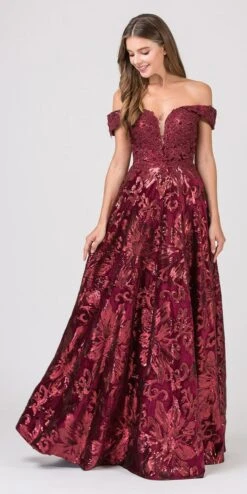 Eureka 6733 Off-Shoulder Long Dress With Pockets(Off Shoulder Burgundy Long Prom Dress With Pockets)