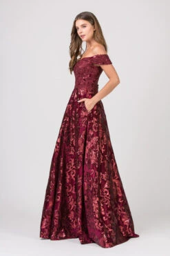 Eureka 6733 Off-Shoulder Long Dress With Pockets(Off Shoulder Burgundy Long Prom Dress With Pockets) -Discount Dress Shops 6733 eureka fashion burgundy side