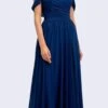 Juliet 676 Cold-Shoulder Formal A-line Dress(Floor Length Navy Blue Cold Shoulder Semi Formal A Line Dress)