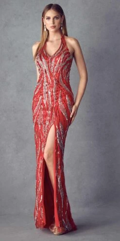 Juliet 683 Halter Long Dress Lace-Up Back With Slit(Red Halter Long Prom Dress Lace Up Back With Slit)