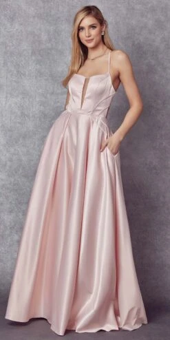 Juliet 687 Long Shiny Satin A-line Prom Gown With Pockets(Long Shiny Satin A Line Prom Gown Royal Blue With Pockets) -Discount Dress Shops 687 Blue Front