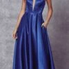 Juliet 687 Long Shiny Satin A-line Prom Gown With Pockets(Long Shiny Satin A Line Prom Gown Royal Blue With Pockets)