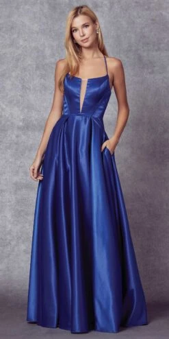 Juliet 687 Long Shiny Satin A-line Prom Gown With Pockets(Long Shiny Satin A Line Prom Gown Royal Blue With Pockets)