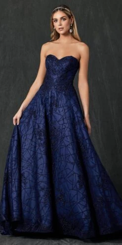 Juliet 692 Long Embroidered Lace Ball Gown Dress With Arm Band(Long Embroidered Lace Ball Gown Dress Navy Blue With Arm Band) -Discount Dress Shops 692 navy