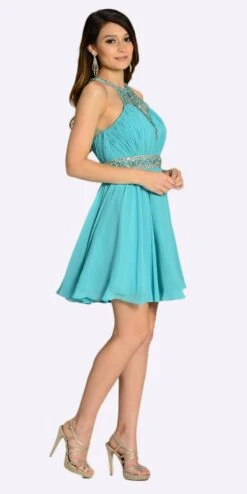 Poly USA | Ed Young 7236 Short Chiffon A Line Dress Beaded Halter Neck(Short Chiffon A Line Dress Red Beaded Halter Neck Sheer Back) -Discount Dress Shops 7236 poly usa light teal d566ba5b 454b 4540 81a5 760dd54f09e5