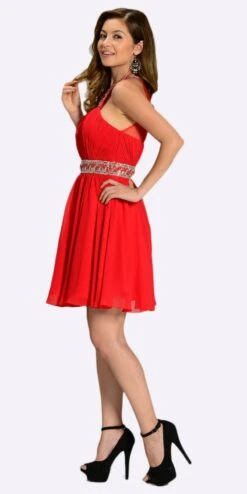Poly USA | Ed Young 7236 Short Chiffon A Line Dress Beaded Halter Neck(Short Chiffon A Line Dress Red Beaded Halter Neck Sheer Back) -Discount Dress Shops 7236 poly usa red side view 427d8f11 cfd2 4be7 90ea 86f5c66d7096