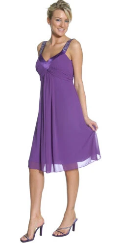 CLEARANCE - Juliet 732 Chiffon Dress Knee Length Rhinestones Straps Gown (Size L)(Chiffon Purple Dress Bridesmaid Knee Length Rhinestones Straps Gown)