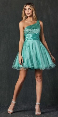 Juliet 733 One Shoulder Short Dress Sparkly Sequins Glitter Tulle Skirt(One Shoulder Jade Short Dress Sparkly Sequins Glitter Tulle Skirt)