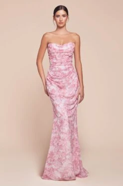 Ladivine 7445 Dress Strapless Floral Printed Fitted Soft Satin Dress(Ladivine 7445 Dress Strapless Floral Printed Fitted Soft Satin Dress) -Discount Dress Shops 7445 LADIVINE ROSE