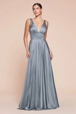 Cinderella Divine 7469 Long Satin Bridesmaid Dress A-Line V-Neckline(Cinderella Divine 7469 Long Burgundy Bridesmaid Dress A Line V Back) -Discount Dress Shops 7469 LADIVINE DUSTY BLUE