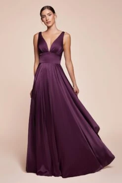 Cinderella Divine 7469 Long Satin Bridesmaid Dress A-Line V-Neckline(Cinderella Divine 7469 Long Burgundy Bridesmaid Dress A Line V Back) -Discount Dress Shops 7469 LADIVINE EGGPLANT SIDE