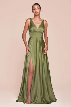 Ladivine 7469 Long Formal Evening Satin Dress With Slit(Cinderella Divine 7469 Sexy Long Prom Dress Sienna Evening Satin Gown) -Discount Dress Shops 7469 LADIVINE GREENERY
