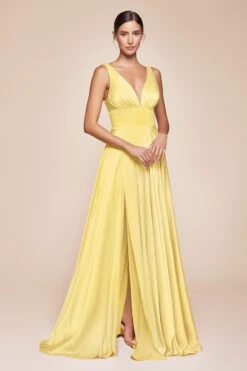 Ladivine 7469 Long Formal Evening Satin Dress With Slit(Cinderella Divine 7469 Sexy Long Prom Dress Sienna Evening Satin Gown) -Discount Dress Shops 7469 LADIVINE LIGHT YELLOW