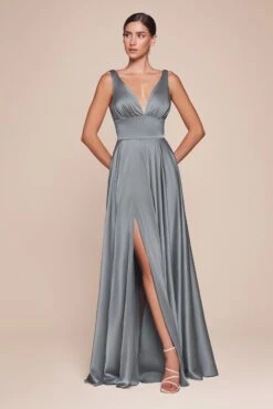 Cinderella Divine 7469 Long Satin Bridesmaid Dress A-Line V-Neckline(Cinderella Divine 7469 Long Burgundy Bridesmaid Dress A Line V Back) -Discount Dress Shops 7469 DUSTY BLUE