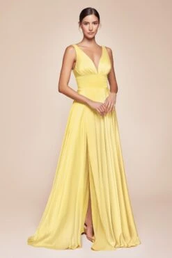 Cinderella Divine 7469 Floor Length Satin Formal V-Neckline Dress(Cinderella Divine 7469 Sexy Long Plus Size Dress Sage Green Evening Satin Gown) -Discount Dress Shops 7469 lt yellow