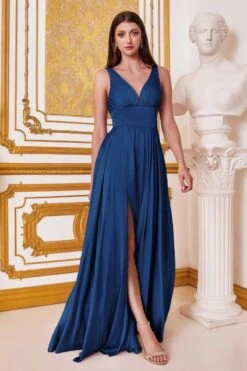 Ladivine 7469 Long Formal Evening Satin Dress With Slit(Cinderella Divine 7469 Sexy Long Prom Dress Sienna Evening Satin Gown) -Discount Dress Shops 7469 navy 17