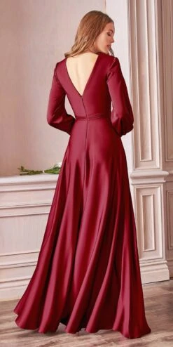 Ladivine 7475 Long Split Blouson Sleeve Formal Dress Thigh Split(Long Split Blouson Sleeve Emerald Green Formal Dress Thigh Split) -Discount Dress Shops 7475 cinderella divine burgundy back