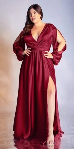 Ladivine 7475C Long Split Blouson Sleeve Formal Dress Thigh Split(Plus Size Long Split Blouson Sleeve Emerald Green Formal Dress Thigh Split) -Discount Dress Shops 7475 cinderella divine burgundy plus