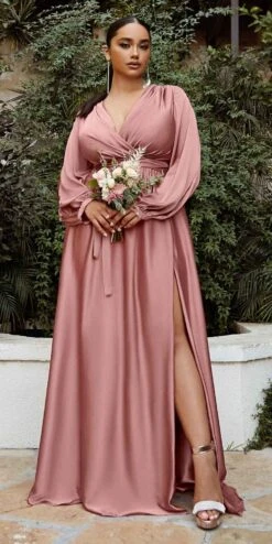 Ladivine 7475C Long Split Blouson Sleeve Formal Dress Thigh Split(Plus Size Long Split Blouson Sleeve Emerald Green Formal Dress Thigh Split) -Discount Dress Shops 7475 cinderella divine rose gold