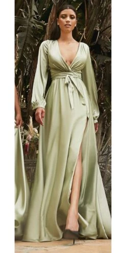 Ladivine 7475C Long Split Blouson Sleeve Formal Dress Thigh Split(Plus Size Long Split Blouson Sleeve Emerald Green Formal Dress Thigh Split) -Discount Dress Shops 7475 cinderella divine sage green