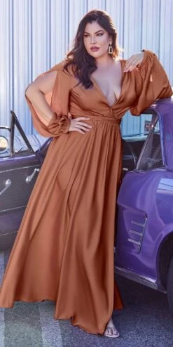 Ladivine 7475 Long Split Blouson Sleeve Formal Dress Thigh Split(Long Split Blouson Sleeve Emerald Green Formal Dress Thigh Split)