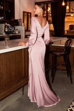 Cinderella Divine 7478 Long Blouson Sleeve Satin Fluid Drape Dress Front Slit(Long Blouson Sleeve Satin Fluid Drape Burgundy Dress Front Slit) -Discount Dress Shops 7478 cinderella divine dark mauve back