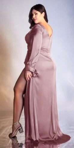 Cinderella Divine 7478 Long Blouson Sleeve Satin Fluid Drape Dress Front Slit(Long Blouson Sleeve Satin Fluid Drape Burgundy Dress Front Slit) -Discount Dress Shops 7478C muave