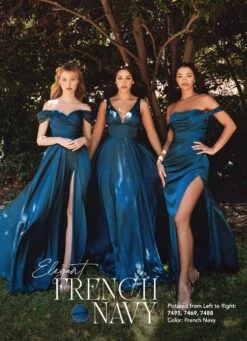 Cinderella Divine 7488 Long Column Satin Formal Dress Gathered(Long Column Satin Formal Dress Gathered With Side Slit) -Discount Dress Shops 7493 7469 7488 french navy