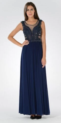Poly USA | Ed Young 7516 Illusion Scoop Neck Sheer Beaded Bodice Dress(Illusion Scoop Neck Sheer Beaded Bodice Prom Dress Navy Blue Long)